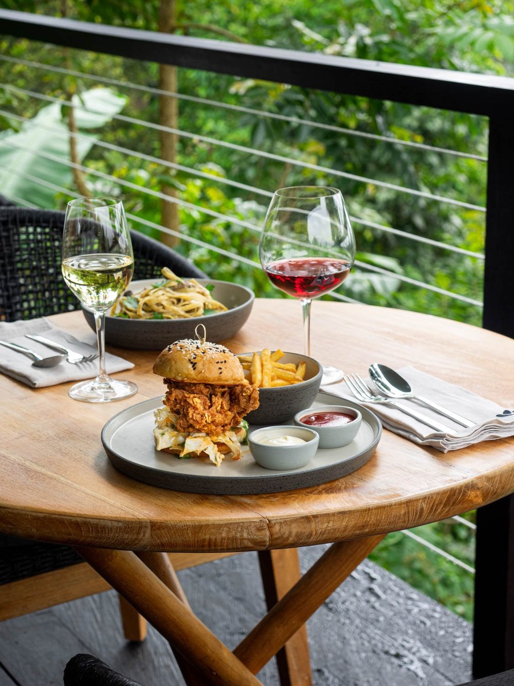 In-cabin dining, a burger delivered to the terrace