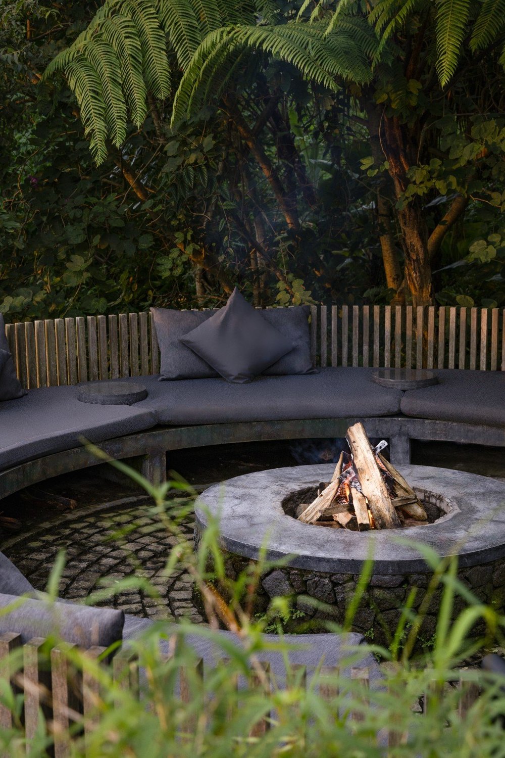 The communal fire pit after dark
